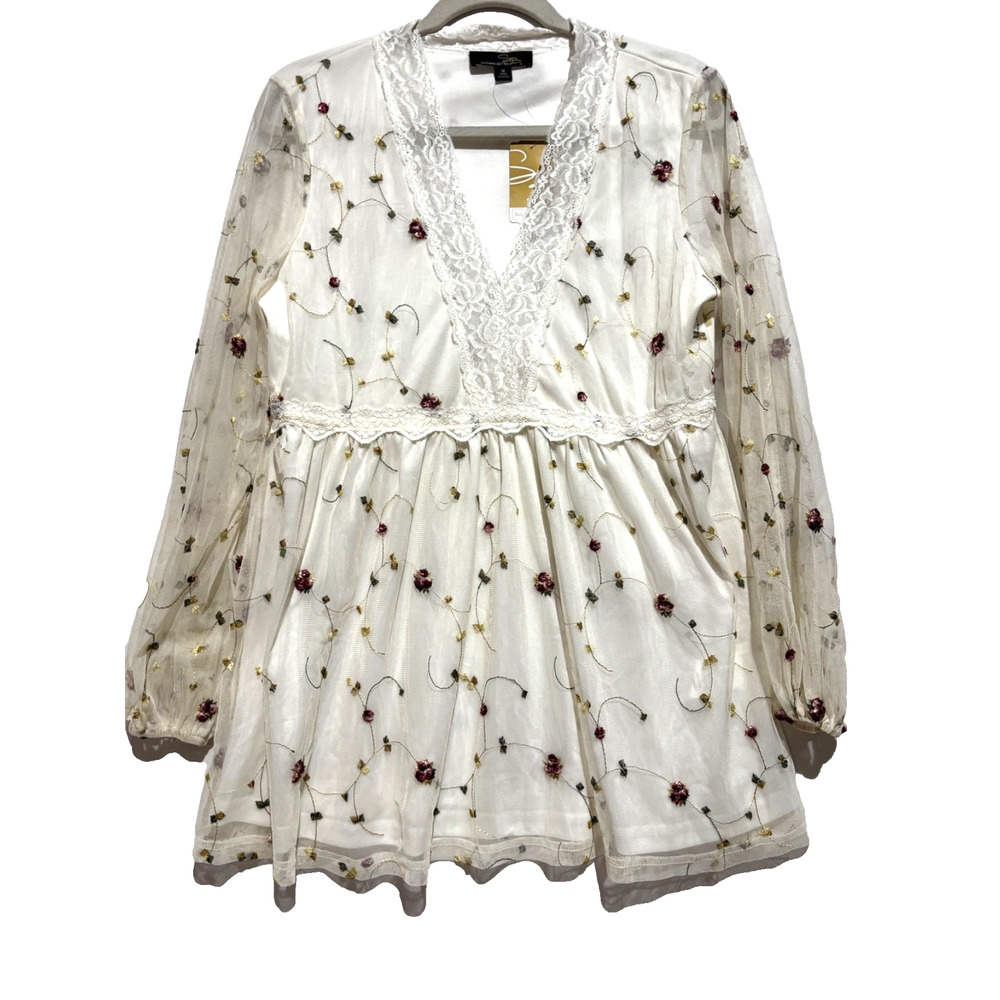 Suzanne Betro Womens sz M Babydoll top Ivory Floral Embroidery Sheer accent boho
